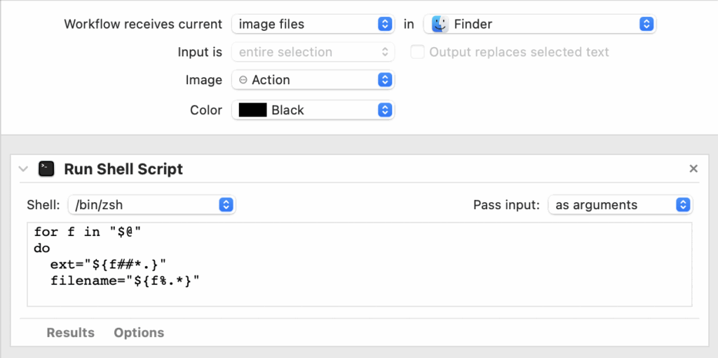 A screenshot showing automator configuration for converting PNG to WebP Images.